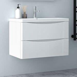 SKY BATHROOM Wall Mounted Bathroom Vanity Unit with White Basin,2 Soft Close Drawers Bathroom Suite with Vanity Unit-800mm Gloss White (Type a)