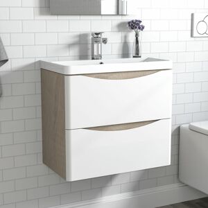 AICA SANITAIRE 2 Drawers Wall Hung Bathroom Cabinet Vanity Sink Unit with Basin, Oak Body White Drawer Surface - 600mm AICA SANITAIRE 2 Drawers Wall Hung Bathroom Cabinet Vanity Sink Unit with Basin, Oak Body White Drawer Surface - 600mm