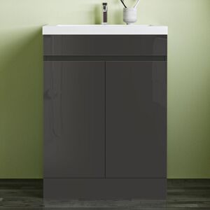 Biubiubath - 600mm Vanity Unit with Ceramic Basin Floor Standing High Gloss Anthracite Storage Cabinet 2 Doors Biubiubath - 600mm Vanity Unit with Ceramic Basin Floor Standing High Gloss Anthracite Storage Cabinet 2 Doors