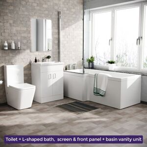 NES HOME Cann L-Shaped Left Handed Bath Set, Close Coupled Toilet, 600mm Floor Standing Vanity Basin Unit White Suite NES HOME Cann L-Shaped Left Handed Bath Set, Close Coupled Toilet, 600mm Floor Standing Vanity Basin Unit White Suite