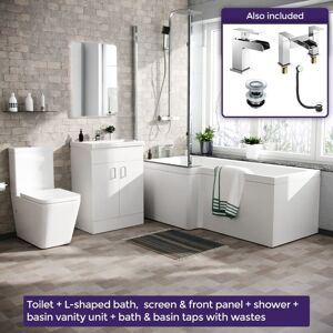 Nes Home - Cann L-Shaped Left Handed Bath Set, Close Coupled Toilet, 600mm Floor Standing Vanity Basin Unit White, Tap & Shower Suite Nes Home - Cann L-Shaped Left Handed Bath Set, Close Coupled Toilet, 600mm Floor Standing Vanity Basin Unit White, Tap & Shower Suite