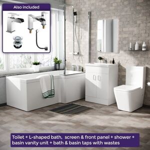 NES HOME Cann L-Shaped Right Handed Bath Set, Close Coupled Toilet, 600mm Floor Standing Vanity Basin Unit White, Tap & Shower Suite NES HOME Cann L-Shaped Right Handed Bath Set, Close Coupled Toilet, 600mm Floor Standing Vanity Basin Unit White, Tap & Shower Suite
