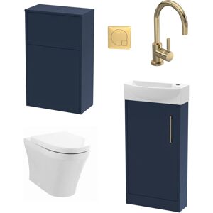BALTERLEY Cloakroom Suite - Left Hand 440mm Vanity, WC Unit, Toilet and Tap - Blue/Brass BALTERLEY Cloakroom Suite - Left Hand 440mm Vanity, WC Unit, Toilet and Tap - Blue/Brass