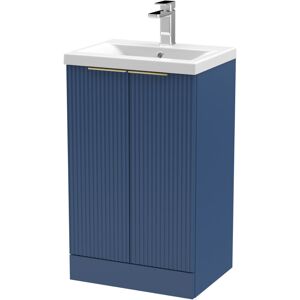 BALTERLEY Fluted Front Floor Standing 2 Soft Close Door Bathroom Vanity Unit with 1 Tap Hole Basin, 500mm, Satin Blue, Brushed Brass Handles BALTERLEY Fluted Front Floor Standing 2 Soft Close Door Bathroom Vanity Unit with 1 Tap Hole Basin, 500mm, Satin Blue, Brushed Brass Handles