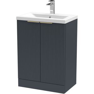 BALTERLEY Fluted Front Floor Standing 2 Soft Close Door Bathroom Vanity Unit with 1 Tap Hole Basin, 600mm, Dark Grey, Brushed Brass Handles BALTERLEY Fluted Front Floor Standing 2 Soft Close Door Bathroom Vanity Unit with 1 Tap Hole Basin, 600mm, Dark Grey, Brushed Brass Handles