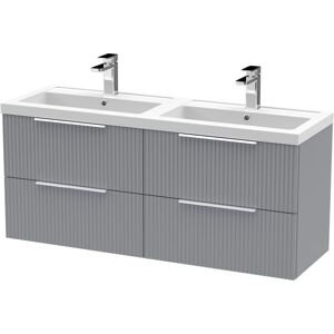 BALTERLEY Fluted Front Wall Hung 4 Soft Close Drawer Bathroom Vanity Unit with 2 Tap Hole Double Polymarble Basin, 1200mm, Satin Grey BALTERLEY Fluted Front Wall Hung 4 Soft Close Drawer Bathroom Vanity Unit with 2 Tap Hole Double Polymarble Basin, 1200mm, Satin Grey