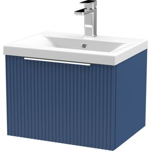 BALTERLEY Contemporary Fluted 500mm Wall Hung Single Drawer Vanity and Mid-Edge Basin, Satin Blue, Chrome Handles BALTERLEY Contemporary Fluted 500mm Wall Hung Single Drawer Vanity and Mid-Edge Basin, Satin Blue, Chrome Handles