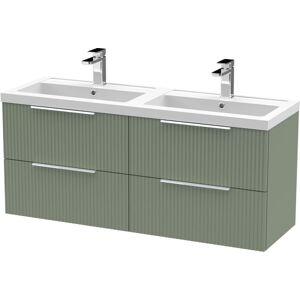 BALTERLEY Fluted Front Wall Hung 4 Soft Close Drawer Bathroom Vanity Unit with 2 Tap Hole Double Polymarble Basin, 1200mm, Satin Green BALTERLEY Fluted Front Wall Hung 4 Soft Close Drawer Bathroom Vanity Unit with 2 Tap Hole Double Polymarble Basin, 1200mm, Satin Green