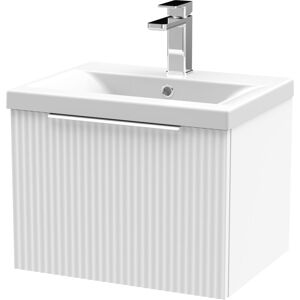 BALTERLEY Contemporary Fluted Front Wall Hung Single Drawer Bathroom Vanity Unit with 1 Tap Hole Ceramic Basin, 500mm, Satin White, Chrome Handles BALTERLEY Contemporary Fluted Front Wall Hung Single Drawer Bathroom Vanity Unit with 1 Tap Hole Ceramic Basin, 500mm, Satin White, Chrome Handles