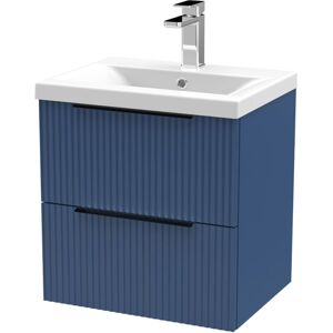 BALTERLEY Fluted Front Wall Hung 2-Drawer Bathroom Vanity Unit with 1 Tap Hole Basin, 500mm, Satin Blue, Black Handles BALTERLEY Fluted Front Wall Hung 2-Drawer Bathroom Vanity Unit with 1 Tap Hole Basin, 500mm, Satin Blue, Black Handles