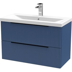 BALTERLEY Fluted Front Wall Hung 2-Drawer Bathroom Vanity Unit with 1 Tap Hole Basin, 800mm, Satin Blue, Black Handles BALTERLEY Fluted Front Wall Hung 2-Drawer Bathroom Vanity Unit with 1 Tap Hole Basin, 800mm, Satin Blue, Black Handles