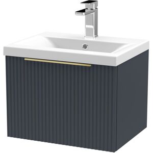 BALTERLEY Fluted Front Wall Hung Single Drawer Bathroom Vanity Unit with 1 Tap Hole Basin, 500mm, Dark Grey, Brushed Brass Handles BALTERLEY Fluted Front Wall Hung Single Drawer Bathroom Vanity Unit with 1 Tap Hole Basin, 500mm, Dark Grey, Brushed Brass Handles
