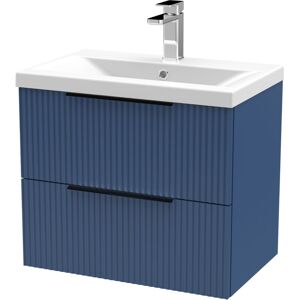 BALTERLEY Fluted Front Wall Hung 2-Drawer Bathroom Vanity Unit with 1 Tap Hole Basin, 600mm, Satin Blue, Black Handles BALTERLEY Fluted Front Wall Hung 2-Drawer Bathroom Vanity Unit with 1 Tap Hole Basin, 600mm, Satin Blue, Black Handles