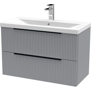 BALTERLEY Fluted Front Wall Hung 2-Drawer Bathroom Vanity Unit with 1 Tap Hole Basin, 800mm, Satin Grey, Black Handles BALTERLEY Fluted Front Wall Hung 2-Drawer Bathroom Vanity Unit with 1 Tap Hole Basin, 800mm, Satin Grey, Black Handles