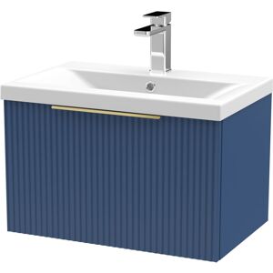 BALTERLEY Fluted Front Wall Hung 1-Drawer Bathroom Vanity Unit with 1 Tap Hole Basin, 600mm, Satin Blue, Brushed Brass Handles BALTERLEY Fluted Front Wall Hung 1-Drawer Bathroom Vanity Unit with 1 Tap Hole Basin, 600mm, Satin Blue, Brushed Brass Handles