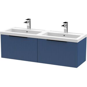 BALTERLEY Fluted Front Wall Hung 2-Drawer Bathroom Vanity Unit with Double Basin, 1200mm, Satin Blue, Black Handles BALTERLEY Fluted Front Wall Hung 2-Drawer Bathroom Vanity Unit with Double Basin, 1200mm, Satin Blue, Black Handles