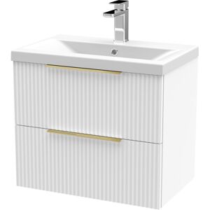 BALTERLEY Fluted Front Wall Hung 2-Drawer Bathroom Vanity Unit with 1 Tap Hole Basin, 600mm, Satin White, Brushed Brass Handles BALTERLEY Fluted Front Wall Hung 2-Drawer Bathroom Vanity Unit with 1 Tap Hole Basin, 600mm, Satin White, Brushed Brass Handles