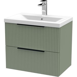 BALTERLEY Fluted Front Wall Hung 2-Drawer Bathroom Vanity Unit with 1 Tap Hole Basin, 600mm, Satin Green, Black Handles BALTERLEY Fluted Front Wall Hung 2-Drawer Bathroom Vanity Unit with 1 Tap Hole Basin, 600mm, Satin Green, Black Handles