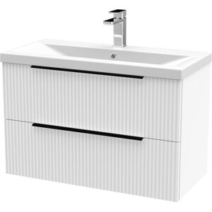 BALTERLEY Fluted Front Wall Hung 2-Drawer Bathroom Vanity Unit with 1 Tap Hole Basin, 800mm, Satin White, Black Handles BALTERLEY Fluted Front Wall Hung 2-Drawer Bathroom Vanity Unit with 1 Tap Hole Basin, 800mm, Satin White, Black Handles