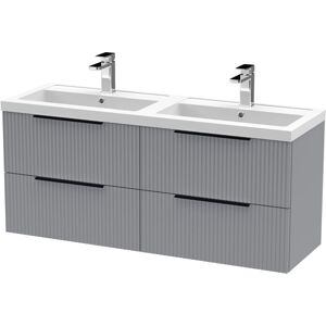 BALTERLEY Fluted Front Wall Hung 4-Drawer Bathroom Vanity Unit with Double Basin, 1200mm, Satin Grey, Black Handles BALTERLEY Fluted Front Wall Hung 4-Drawer Bathroom Vanity Unit with Double Basin, 1200mm, Satin Grey, Black Handles