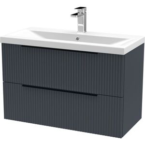 BALTERLEY Fluted Front Wall Hung 2-Drawer Bathroom Vanity Unit with 1 Tap Hole Basin, 800mm, Satin Dark Grey, Black Handles BALTERLEY Fluted Front Wall Hung 2-Drawer Bathroom Vanity Unit with 1 Tap Hole Basin, 800mm, Satin Dark Grey, Black Handles