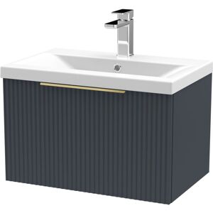 BALTERLEY Fluted Front Wall Hung 1-Drawer Bathroom Vanity Unit with 1 Tap Hole Basin, 600mm, Satin Dark Grey, Brushed Brass Handles BALTERLEY Fluted Front Wall Hung 1-Drawer Bathroom Vanity Unit with 1 Tap Hole Basin, 600mm, Satin Dark Grey, Brushed Brass Handles