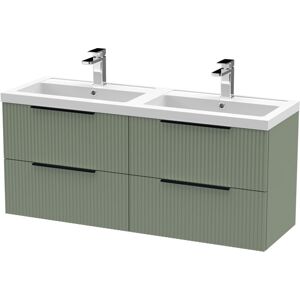 BALTERLEY Fluted Front Wall Hung 4-Drawer Bathroom Vanity Unit with Double Basin, 1200mm, Satin Green, Black Handles BALTERLEY Fluted Front Wall Hung 4-Drawer Bathroom Vanity Unit with Double Basin, 1200mm, Satin Green, Black Handles