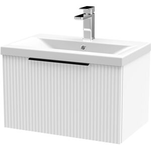 BALTERLEY Fluted Front Wall Hung 1-Drawer Bathroom Vanity Unit with 1 Tap Hole Basin, 600mm, Satin White, Black Handles BALTERLEY Fluted Front Wall Hung 1-Drawer Bathroom Vanity Unit with 1 Tap Hole Basin, 600mm, Satin White, Black Handles
