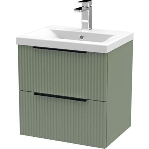 BALTERLEY Fluted Front Wall Hung 2-Drawer Bathroom Vanity Unit and Mid-Edge Basin, 500mm, Satin Green, Black Handles BALTERLEY Fluted Front Wall Hung 2-Drawer Bathroom Vanity Unit and Mid-Edge Basin, 500mm, Satin Green, Black Handles