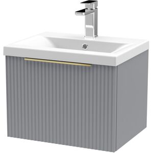 BALTERLEY Fluted Front Wall Hung Single Drawer Bathroom Vanity Unit with 1 Tap Hole Basin, 500mm, Satin Grey - Brushed Brass Handles BALTERLEY Fluted Front Wall Hung Single Drawer Bathroom Vanity Unit with 1 Tap Hole Basin, 500mm, Satin Grey - Brushed Brass Handles