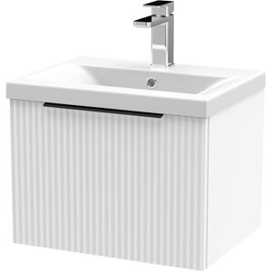 BALTERLEY Contemporary Fluted Front Wall Hung Single Drawer Bathroom Vanity Unit with 1 Tap Hole Basin, 500mm, Satin White, Black Handles BALTERLEY Contemporary Fluted Front Wall Hung Single Drawer Bathroom Vanity Unit with 1 Tap Hole Basin, 500mm, Satin White, Black Handles