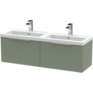 BALTERLEY Fluted Front Wall Hung 2-Drawer Bathroom Vanity Unit with Double Basin, 1200mm, Satin Green, Brushed Brass Handles BALTERLEY Fluted Front Wall Hung 2-Drawer Bathroom Vanity Unit with Double Basin, 1200mm, Satin Green, Brushed Brass Handles