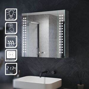 Elegant - Bathroom Illuminated Mirror Cabinet Stainless Steel Storage with led Lights Shaver Scocket Demester Pad Glass Shelves Clock Dispaly 2 Door Elegant - Bathroom Illuminated Mirror Cabinet Stainless Steel Storage with led Lights Shaver Scocket Demester Pad Glass Shelves Clock Dispaly 2 Door