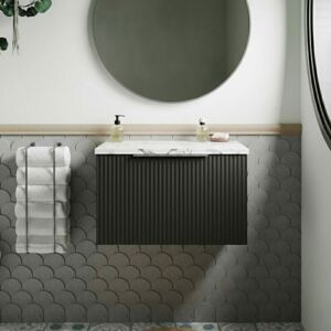 Hudson Reed - Fluted Wall Hung 1-Drawer Vanity Unit with Carrera Marble Worktop 600mm Wide - Satin Anthracite Hudson Reed - Fluted Wall Hung 1-Drawer Vanity Unit with Carrera Marble Worktop 600mm Wide - Satin Anthracite