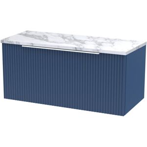 Hudson Reed - Fluted Wall Hung 1-Drawer Vanity with Carrera Marble Worktop 800mm Wide - Satin Blue Hudson Reed - Fluted Wall Hung 1-Drawer Vanity with Carrera Marble Worktop 800mm Wide - Satin Blue