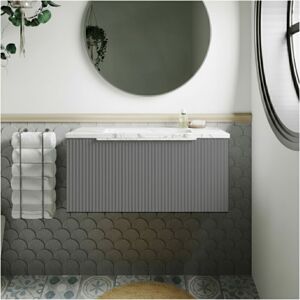 Hudson Reed Fluted Wall Hung 1-Drawer Vanity with Carrera Marble Worktop 800mm Wide - Satin Grey Hudson Reed Fluted Wall Hung 1-Drawer Vanity with Carrera Marble Worktop 800mm Wide - Satin Grey