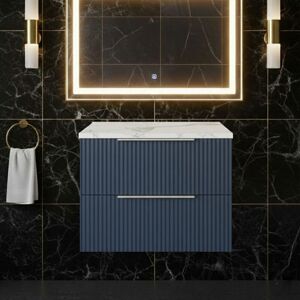 Hudson Reed - Fluted Wall Hung 2-Drawer Vanity Unit with Carrera Marble Worktop 600mm Wide - Satin Blue Hudson Reed - Fluted Wall Hung 2-Drawer Vanity Unit with Carrera Marble Worktop 600mm Wide - Satin Blue