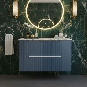 Hudson Reed - Fluted Wall Hung 2-Drawer Vanity Unit with Carrera Marble Worktop 800mm Wide - Satin Blue Hudson Reed - Fluted Wall Hung 2-Drawer Vanity Unit with Carrera Marble Worktop 800mm Wide - Satin Blue