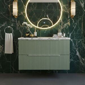 Hudson Reed Fluted Wall Hung 2-Drawer Vanity Unit with Carrera Marble Worktop 800mm Wide - Satin Green Hudson Reed Fluted Wall Hung 2-Drawer Vanity Unit with Carrera Marble Worktop 800mm Wide - Satin Green