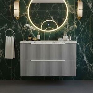 Hudson Reed - Fluted Wall Hung 2-Drawer Vanity Unit with Carrera Marble Worktop 800mm Wide - Satin Grey Hudson Reed - Fluted Wall Hung 2-Drawer Vanity Unit with Carrera Marble Worktop 800mm Wide - Satin Grey