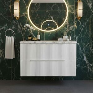 Hudson Reed - Fluted Wall Hung 2-Drawer Vanity Unit with Carrera Marble Worktop 800mm Wide - Satin White Hudson Reed - Fluted Wall Hung 2-Drawer Vanity Unit with Carrera Marble Worktop 800mm Wide - Satin White