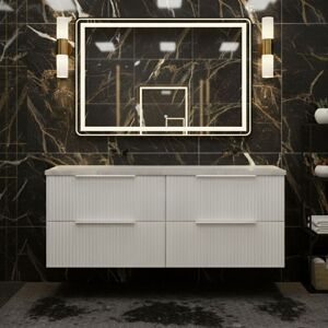 Hudson Reed - Fluted Wall Hung 4-Drawer Vanity Unit with Bellato Grey Worktop 1200mm Wide - Satin White Hudson Reed - Fluted Wall Hung 4-Drawer Vanity Unit with Bellato Grey Worktop 1200mm Wide - Satin White