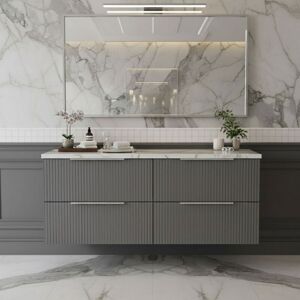 Hudson Reed - Fluted Wall Hung 4-Drawer Vanity Unit with Carrera Marble Worktop 1200mm Wide - Satin Grey Hudson Reed - Fluted Wall Hung 4-Drawer Vanity Unit with Carrera Marble Worktop 1200mm Wide - Satin Grey