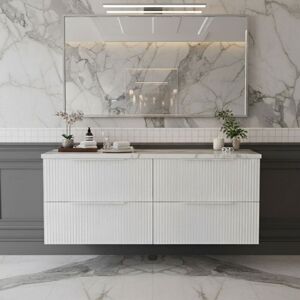 Hudson Reed - Fluted Wall Hung 4-Drawer Vanity Unit with Carrera Marble Worktop 1200mm Wide - Satin White Hudson Reed - Fluted Wall Hung 4-Drawer Vanity Unit with Carrera Marble Worktop 1200mm Wide - Satin White