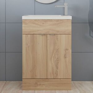 Fusion Compact Floor Standing 2-Door Vanity Unit with Basin 600mm Wide - Bleached Oak - Hudson Reed Fusion Compact Floor Standing 2-Door Vanity Unit with Basin 600mm Wide - Bleached Oak - Hudson Reed