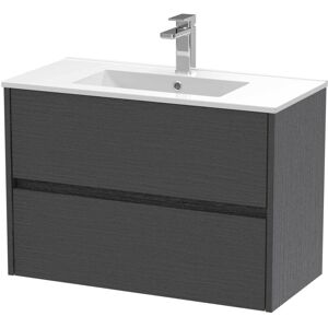 HUDSON REED Nuie Havana Graphite Grey Woodgrain 800mm Wall Hung 2 Drawer Vanity Unit and Minimalist Ceramic Basin - HAV2206B HUDSON REED Nuie Havana Graphite Grey Woodgrain 800mm Wall Hung 2 Drawer Vanity Unit and Minimalist Ceramic Basin - HAV2206B