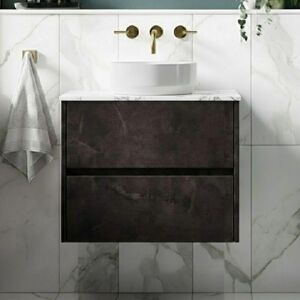 Hudson Reed - Havana Wall Hung 2-Drawer Vanity Unit with Carrera Marble Worktop 600mm Wide - Metallic Slate Hudson Reed - Havana Wall Hung 2-Drawer Vanity Unit with Carrera Marble Worktop 600mm Wide - Metallic Slate