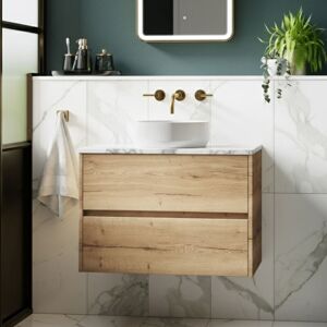 Hudson Reed - Havana Wall Hung 2-Drawer Vanity Unit with Carrera Marble Worktop 800mm Wide - Autumn Oak Hudson Reed - Havana Wall Hung 2-Drawer Vanity Unit with Carrera Marble Worktop 800mm Wide - Autumn Oak