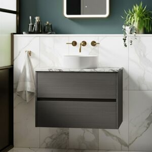 Hudson Reed - Havana Wall Hung 2-Drawer Vanity Unit with Carrera Marble Worktop 800mm Wide - Graphite Grey Woodgrain Hudson Reed - Havana Wall Hung 2-Drawer Vanity Unit with Carrera Marble Worktop 800mm Wide - Graphite Grey Woodgrain