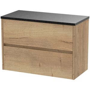 Hudson Reed - Nuie Havana Autumn Oak Woodgrain 800mm Wall Hung 2 Drawer Vanity Unit with Black Sparkle Worktop - HAV806LSB Hudson Reed - Nuie Havana Autumn Oak Woodgrain 800mm Wall Hung 2 Drawer Vanity Unit with Black Sparkle Worktop - HAV806LSB